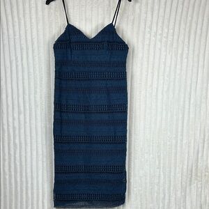 Suzanne Betro navy blue spaghetti strap crochet lace overlay sheath dress XL